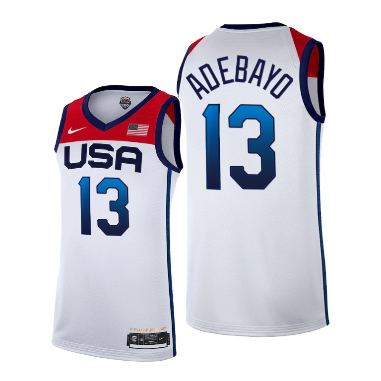 Men's USA Basketball #13 Bam Adebayo 2021 White Tokyo Olympics Stitched Home Jersey Men's USA Basketball #13 Bam Adebayo 2021 White Tokyo Olympics Stitched Home Jersey